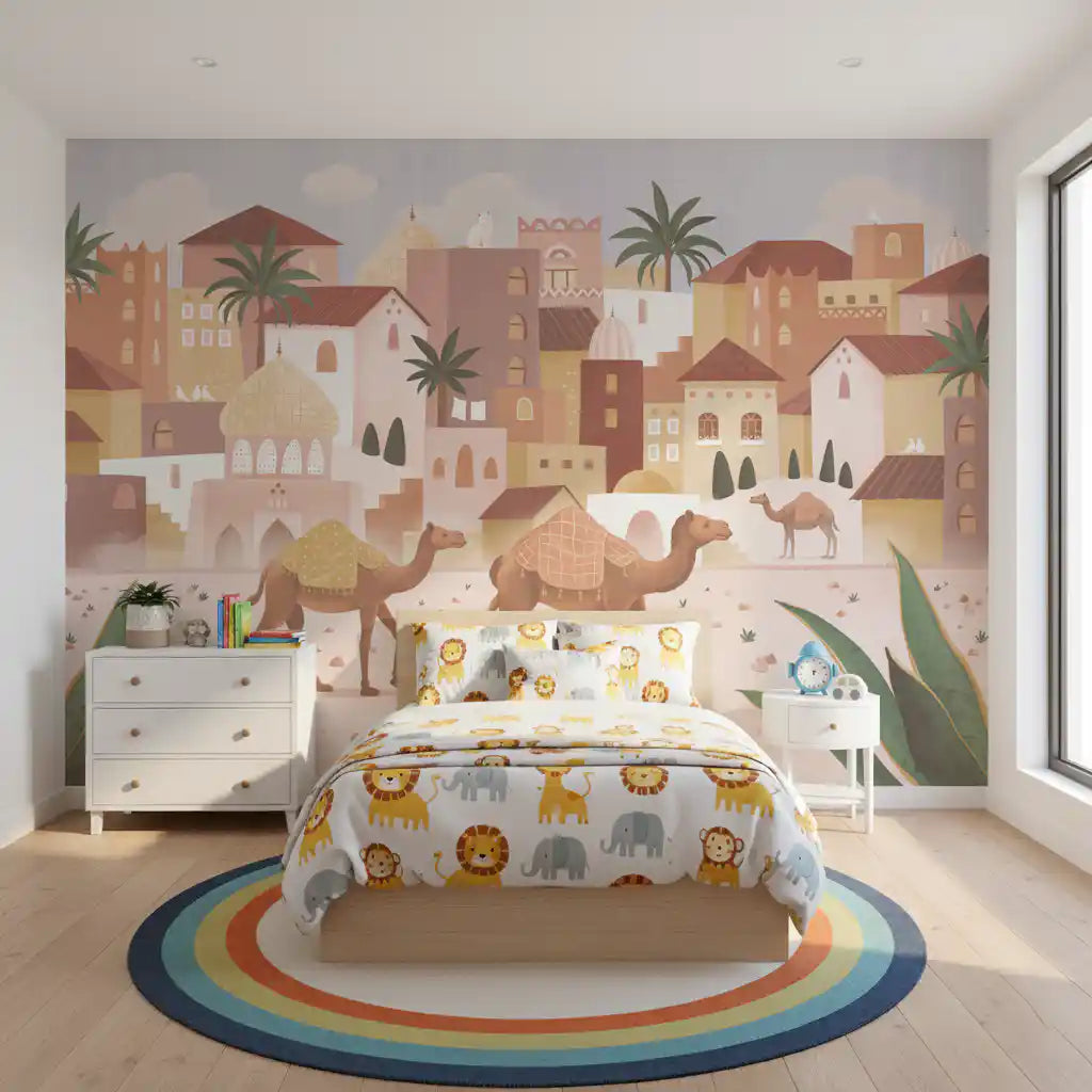 Desert Dreams wall mural in a bedroom with camels and pastel desert cityscape