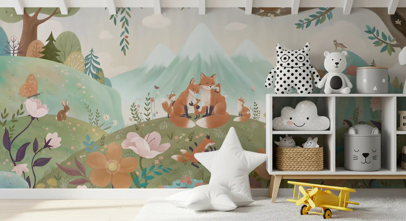 Fox Family wall mural in a play area with flowers, mountains, and waterfall scene