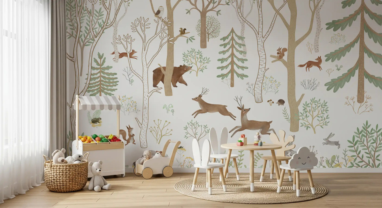 Frisky Forest Green wall mural in a play room with woodland animals and trees