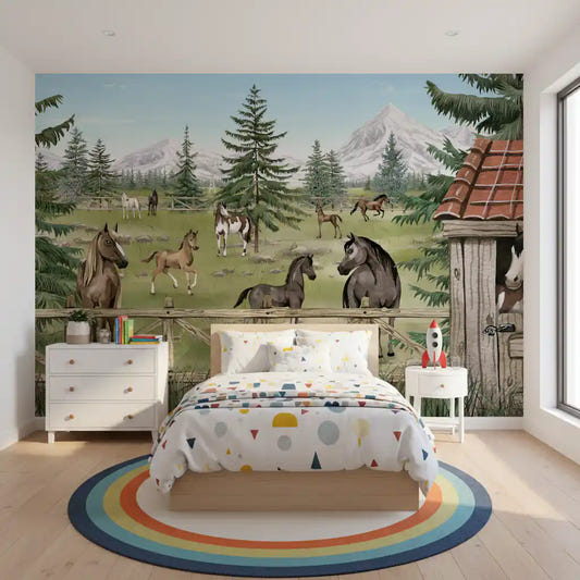 Horse Haven wall mural in a kids room with mountain ranch and horse scenery