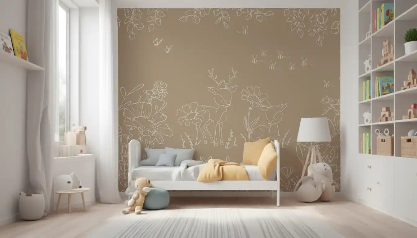 Woodland deer wall mural with warm brown background and botanical line art