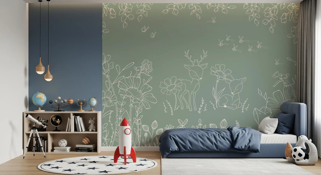 Deer Doodles Green wall mural in a bedroom with sage floral woodland art