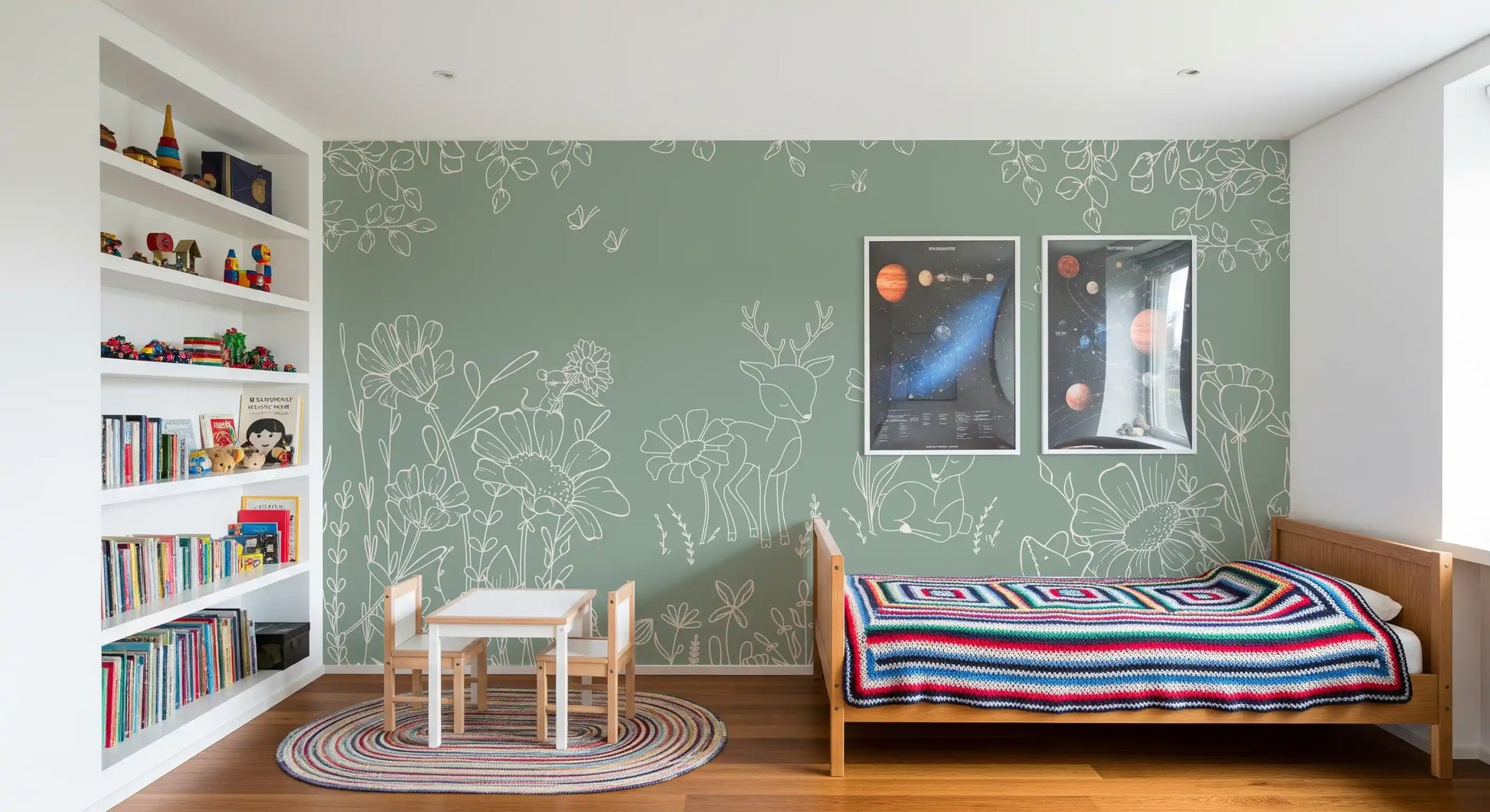Green floral wall mural featuring deer, mice, and delicate botanical outlines