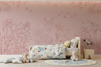 Deer Doodles Pink Dark wall mural in a girls room with blush floral woodland art