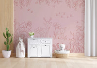 Botanical pink wall mural with deer sketches, bees, and whimsical garden elements