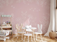 Pink nature doodle wall mural deer flowers minimal artwork