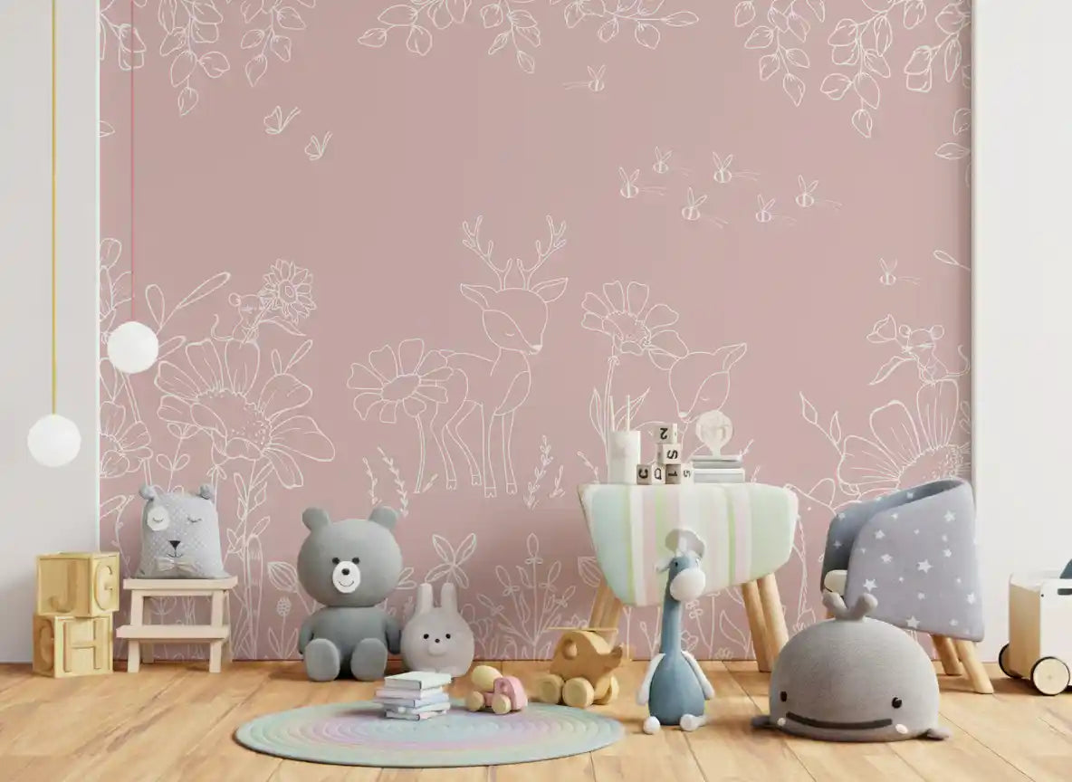 Pink doodle deer wall mural floral pattern design