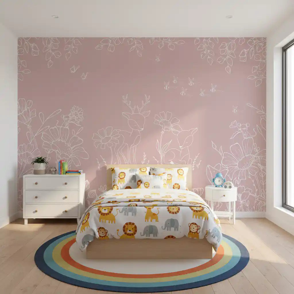 Deer Doodles Pink wall mural floral sketch deer girls room interior