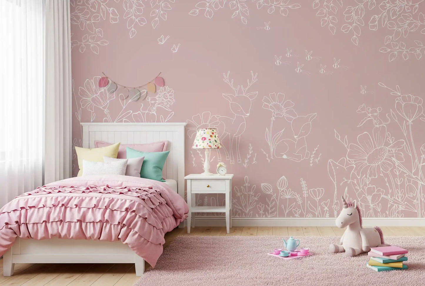Woodland deer floral wall mural pink doodle pattern design