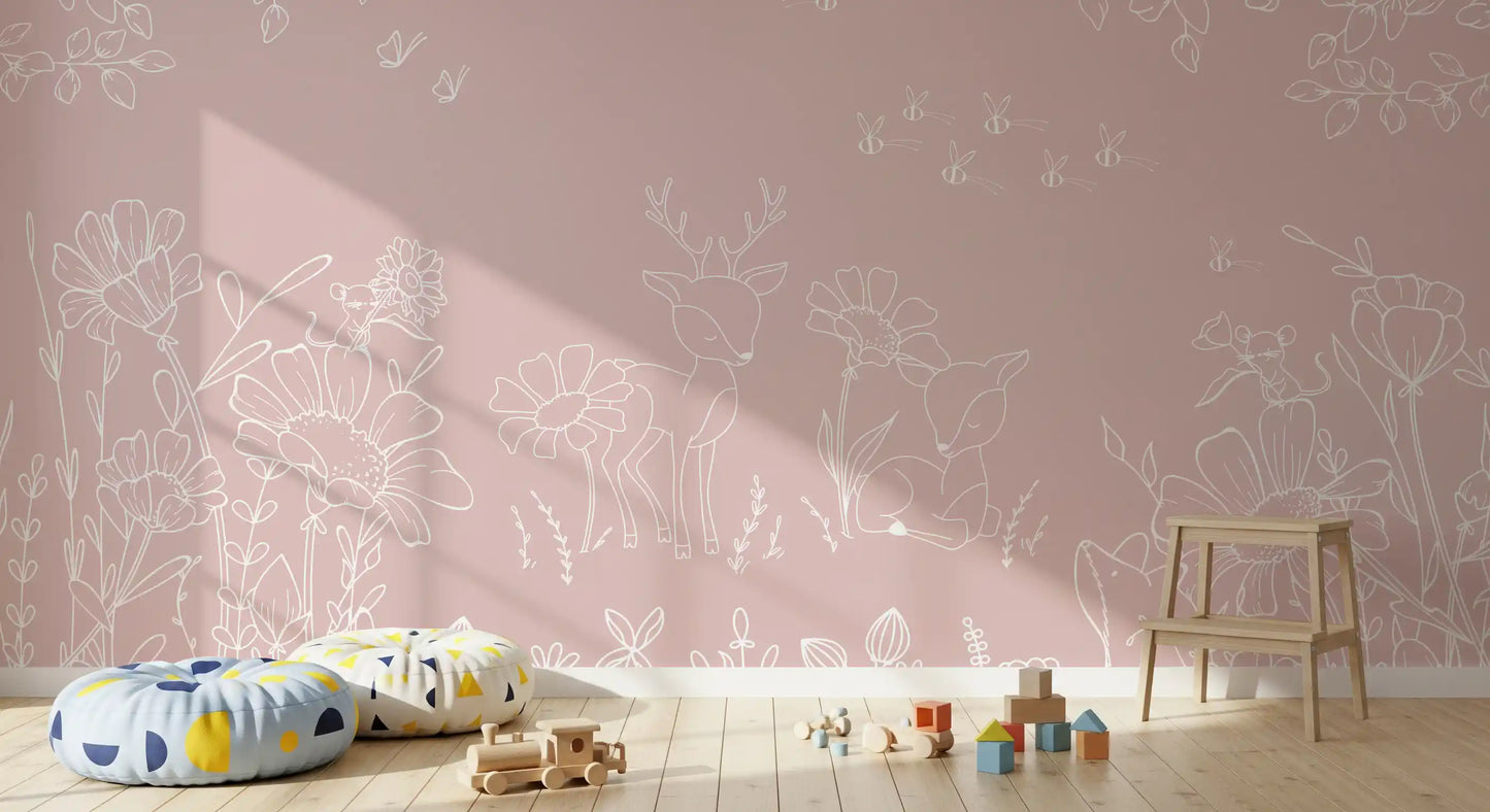Minimal pink woodland wall mural deer flower illustration