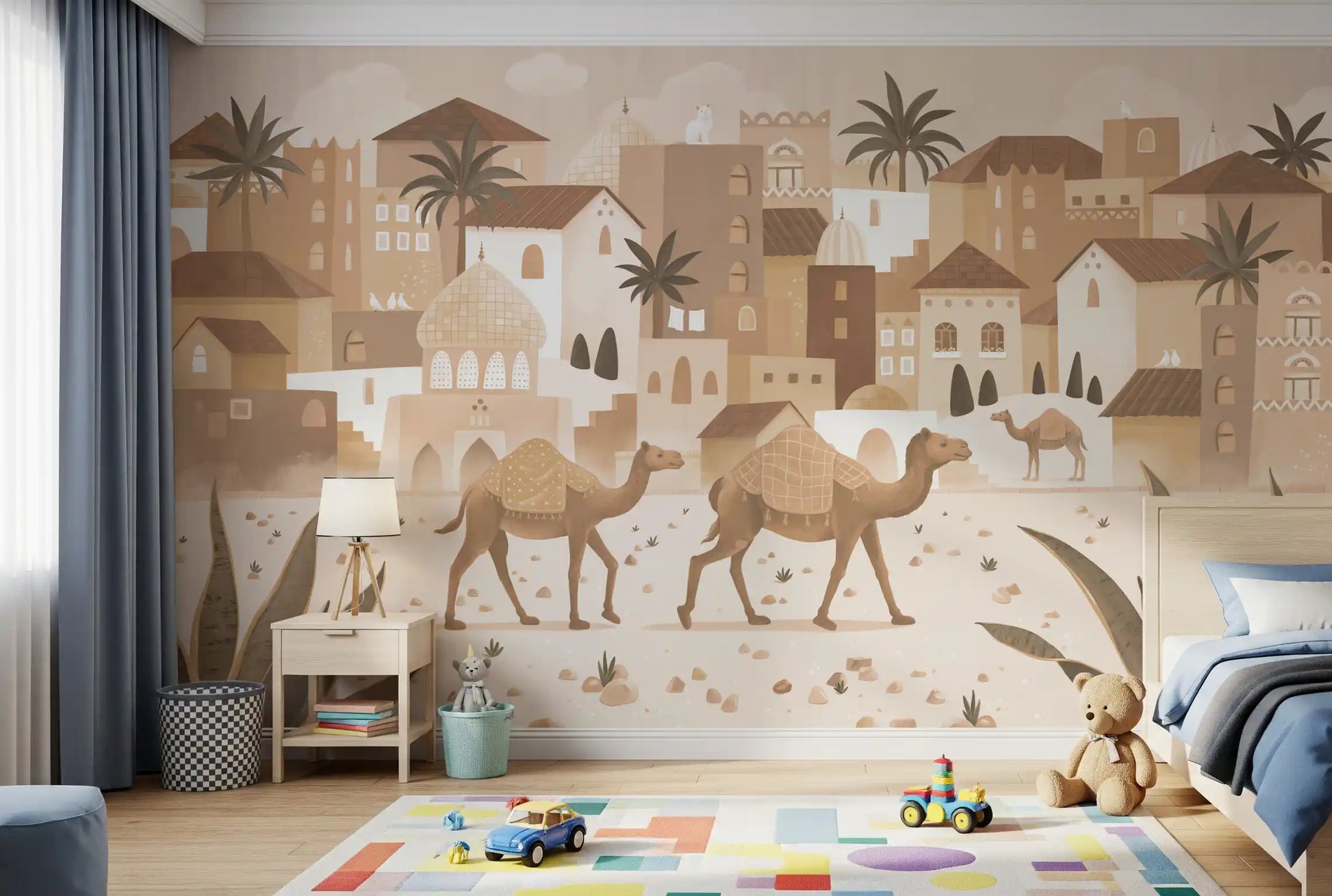 Desert Dreams Mono wall mural camel town pattern design