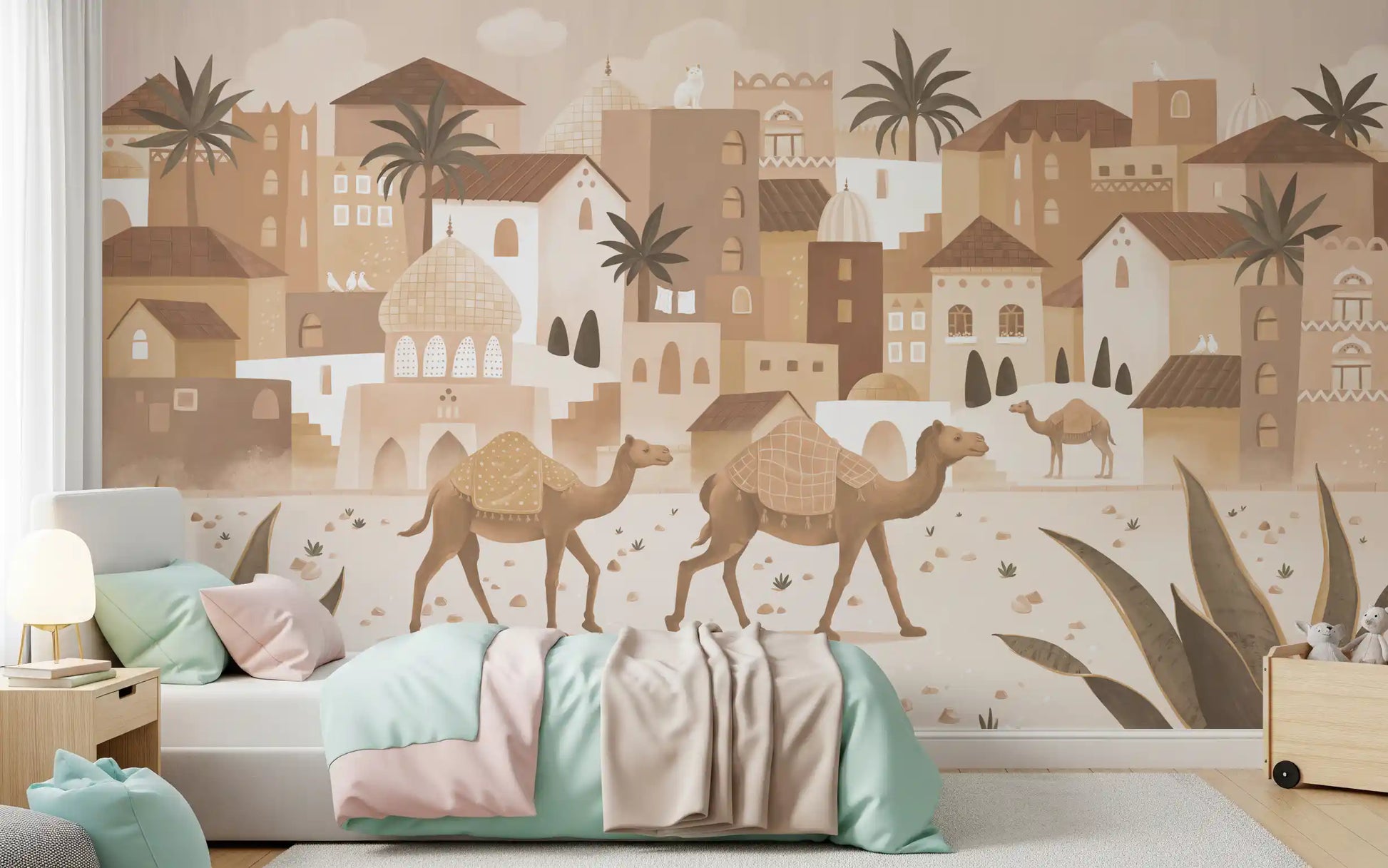 Calm desert scene wall mural mono camel illustration