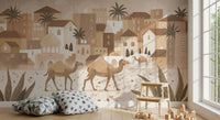 Soft tone desert wall mural camels village illustration