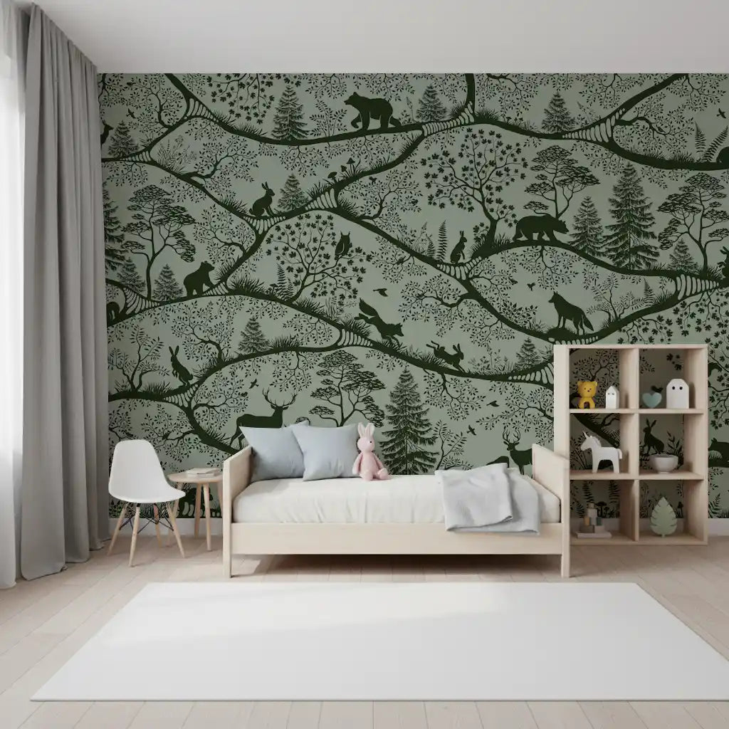 Green tone Nordic forest wall mural wildlife kids bedroom interior design