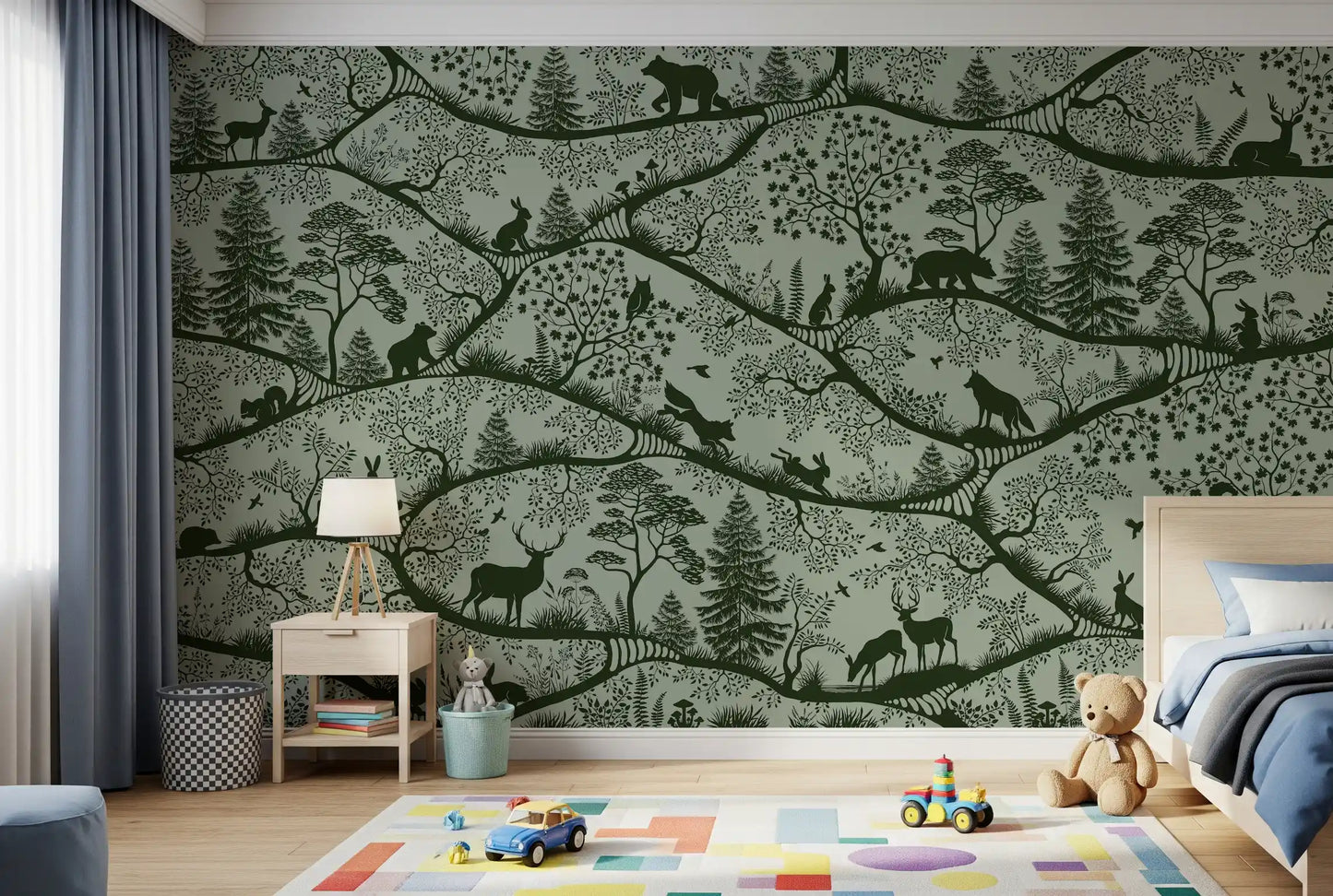 Nordic Nature wall mural woodland animals trees green tone design