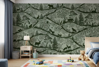 Nordic Nature wall mural woodland animals trees green tone design