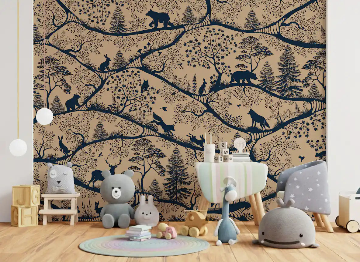 Nordic Nature wall mural woodland animals trees beige blue design