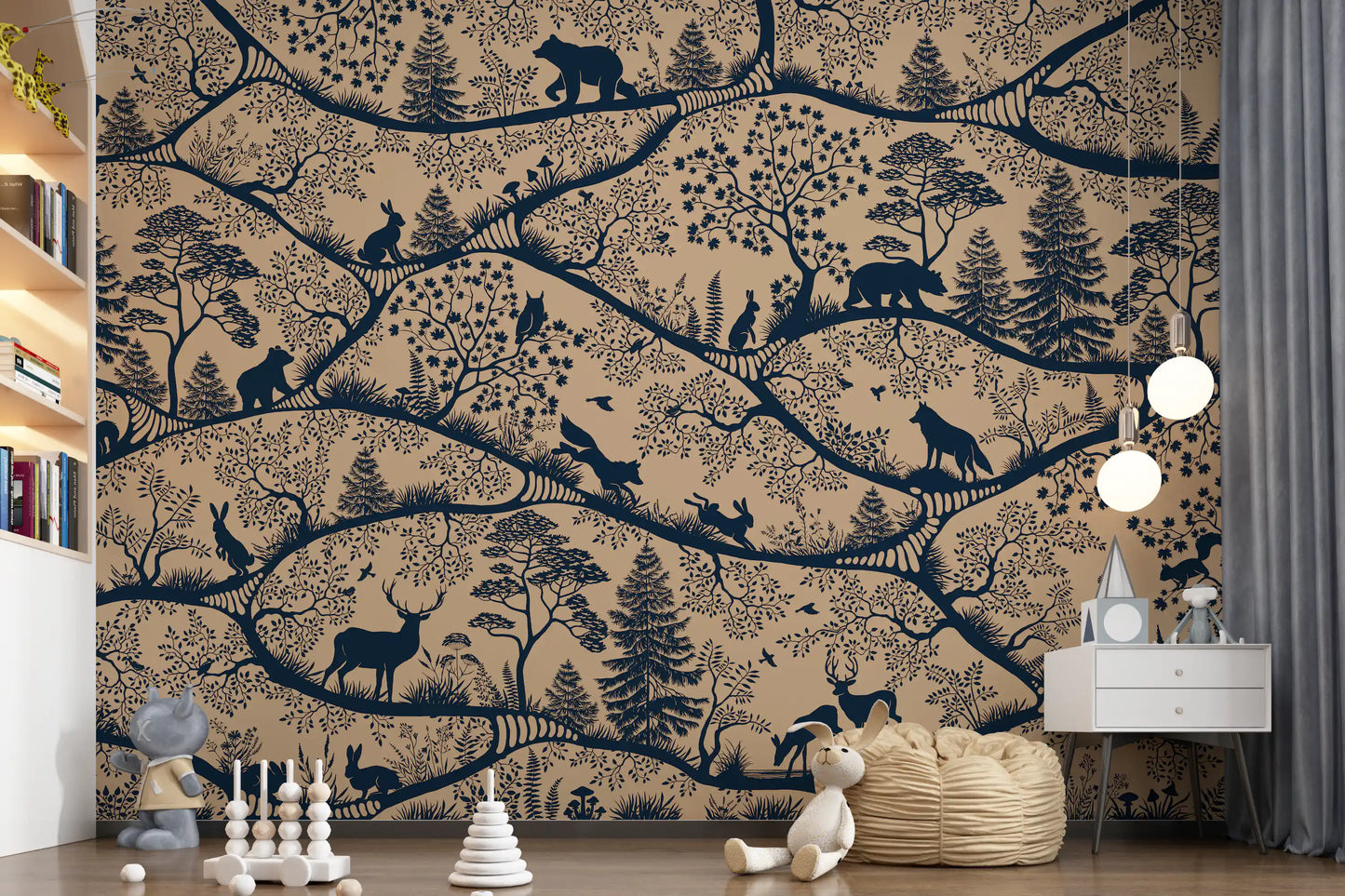Beige blue Nordic forest wall mural wildlife play area interior design