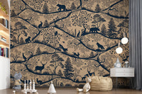 Beige blue Nordic forest wall mural wildlife play area interior design