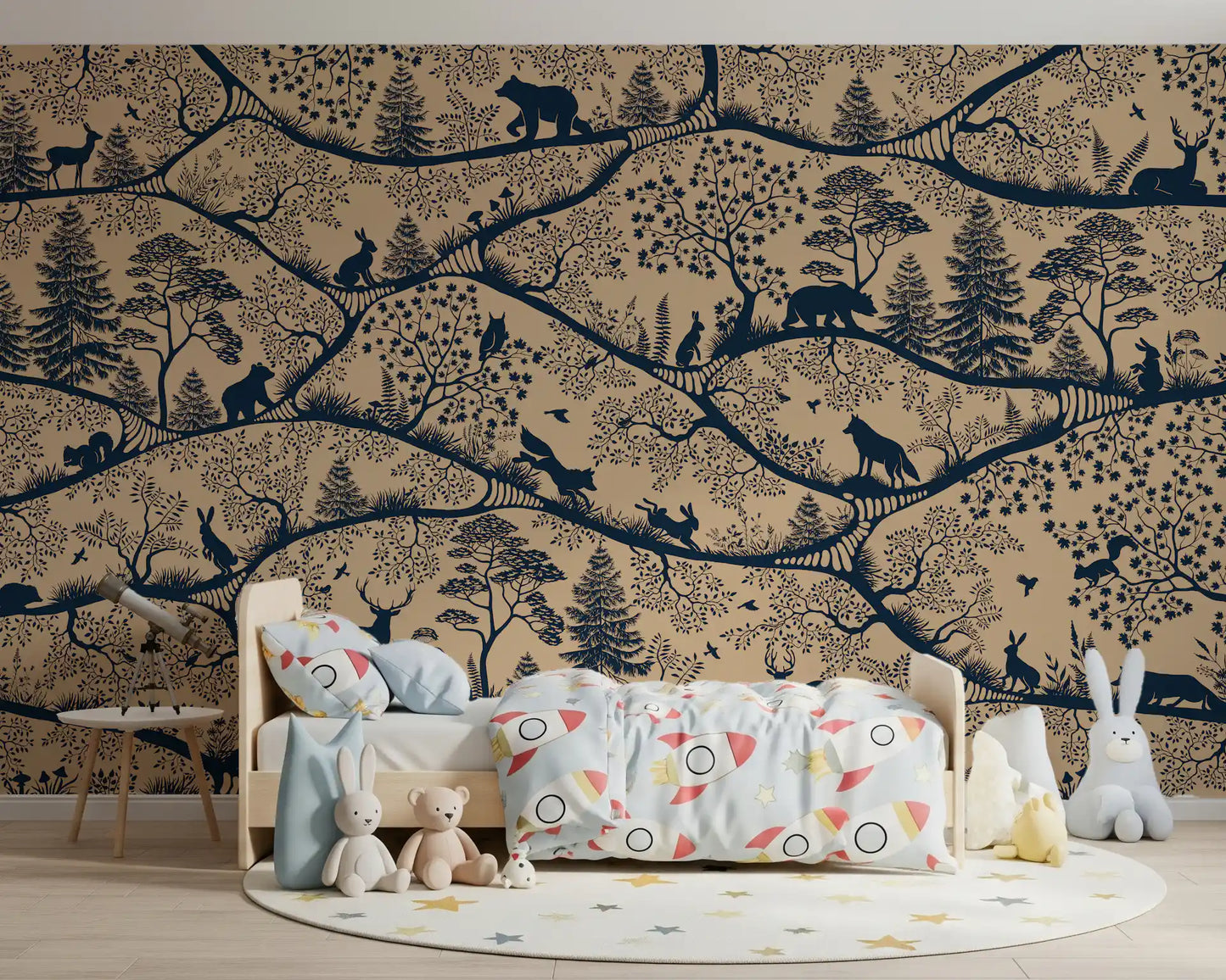 Nordic Nature Beige Blue wall mural rabbits trees girls room setup