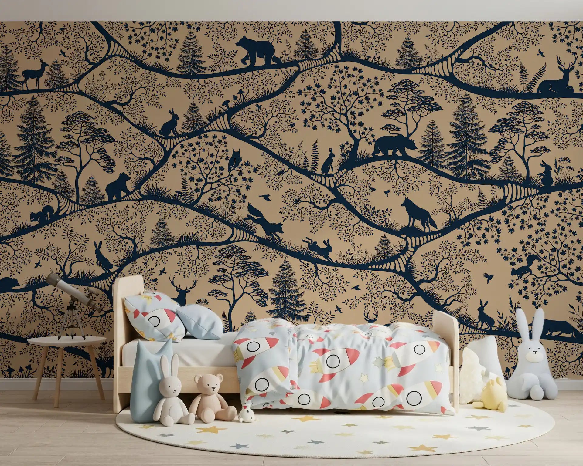 Nordic Nature Beige Blue wall mural rabbits trees girls room setup
