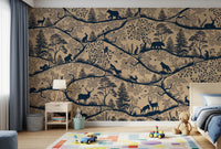 Scandinavian woodland wall mural beige blue deer trees bedroom style