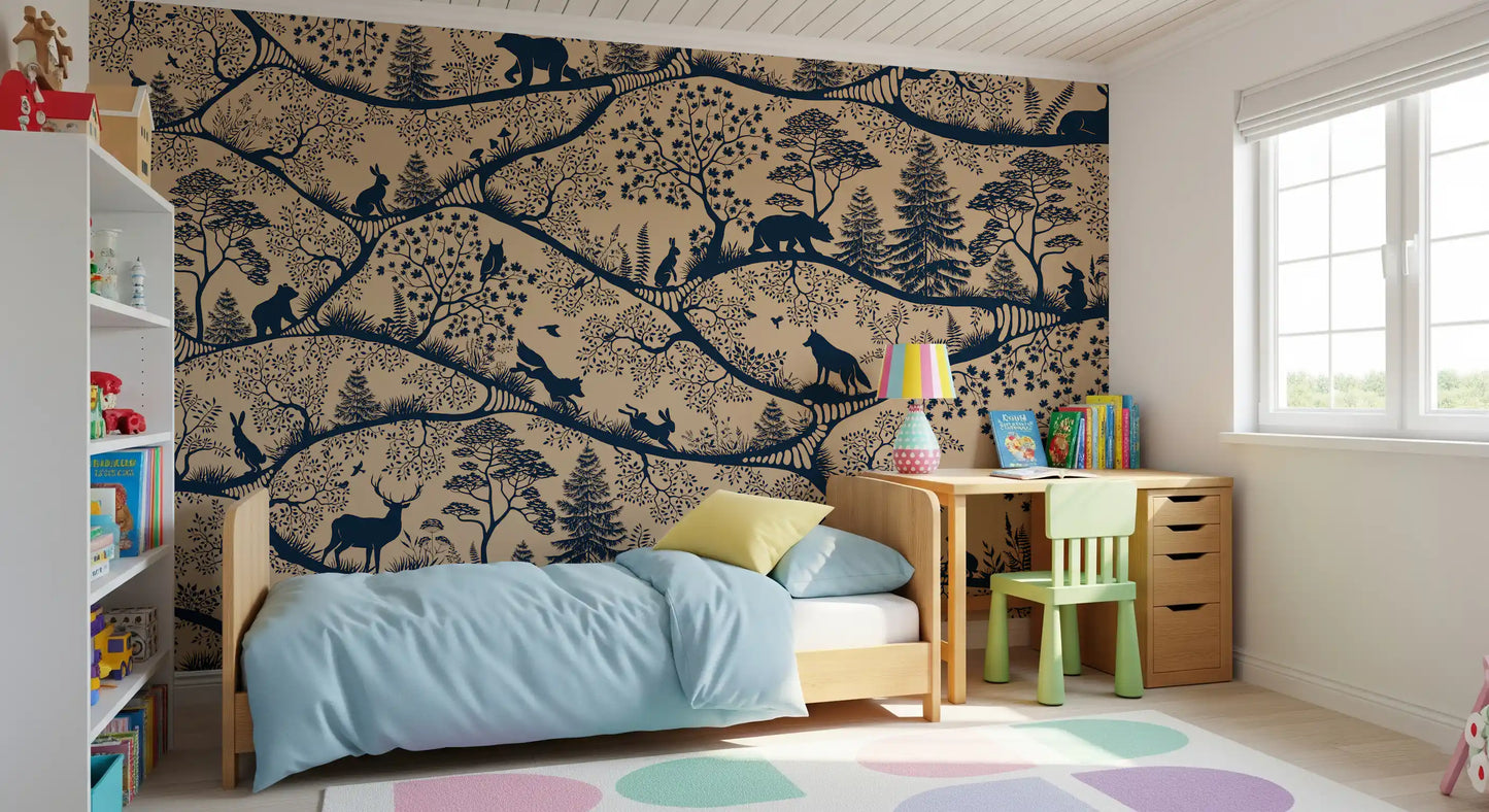 Minimal Scandinavian forest wall mural beige blue wildlife artwork
