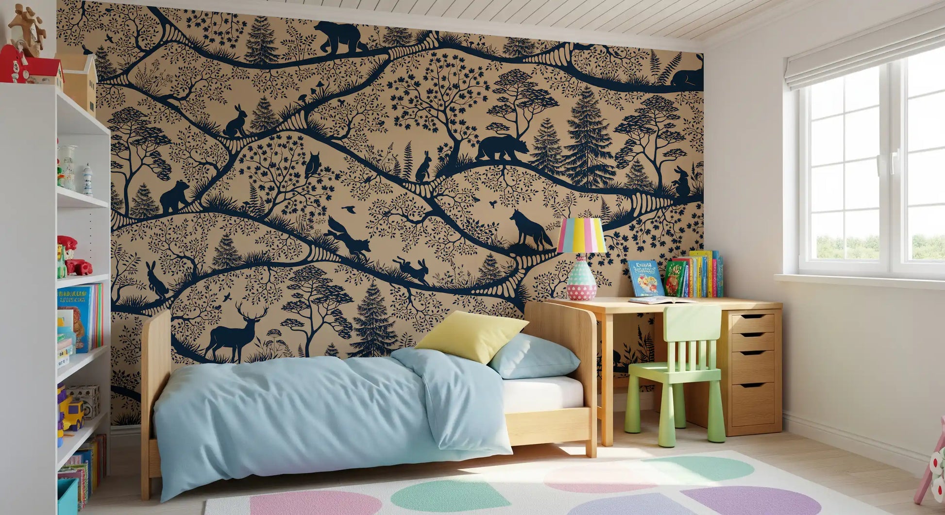 Minimal Scandinavian forest wall mural beige blue wildlife artwork