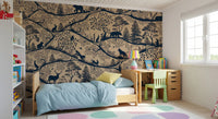 Minimal Scandinavian forest wall mural beige blue wildlife artwork