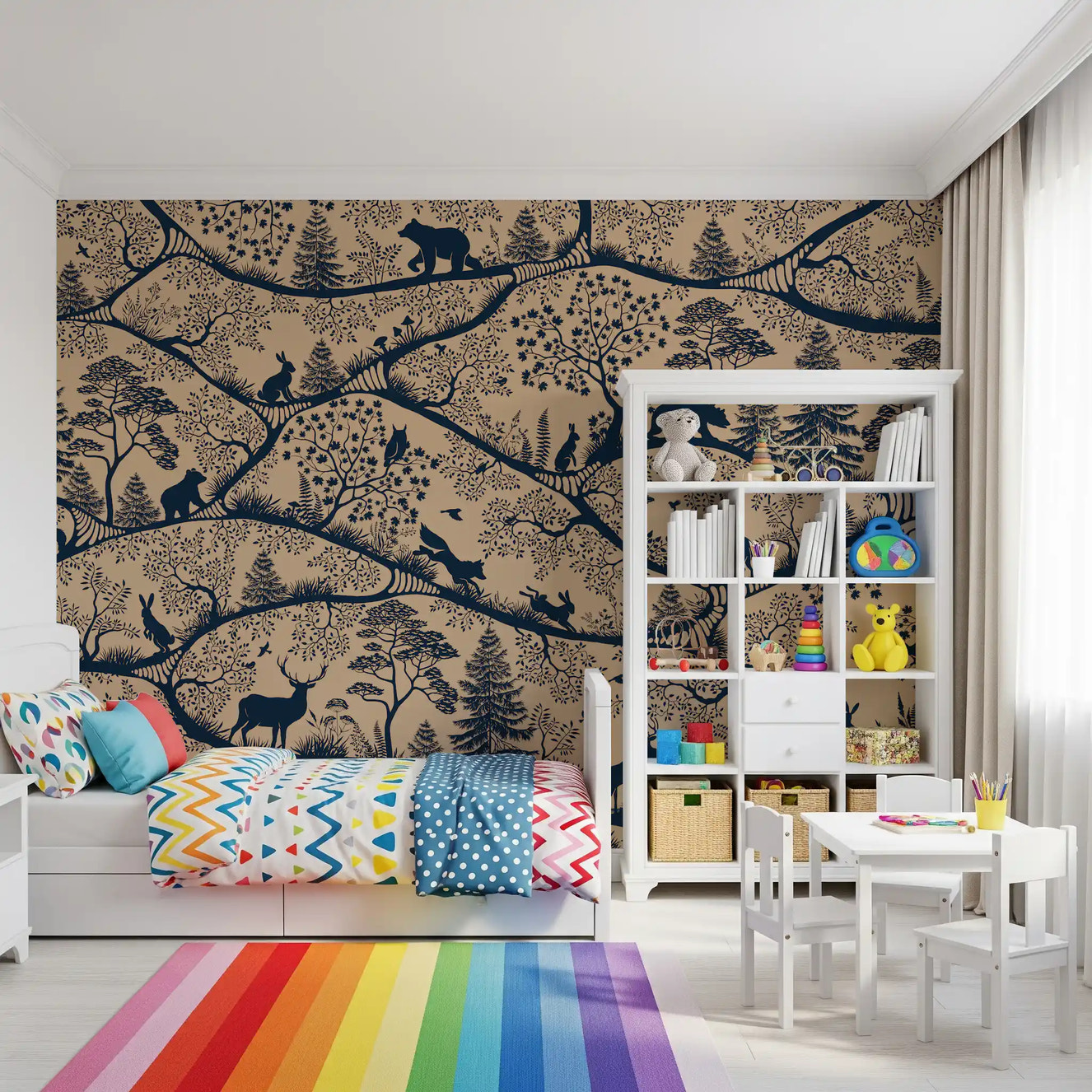 Nordic Nature Beige Blue wall mural forest animals bedroom decor