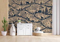 Scandinavian nature wall mural deer fox trees beige blue tones