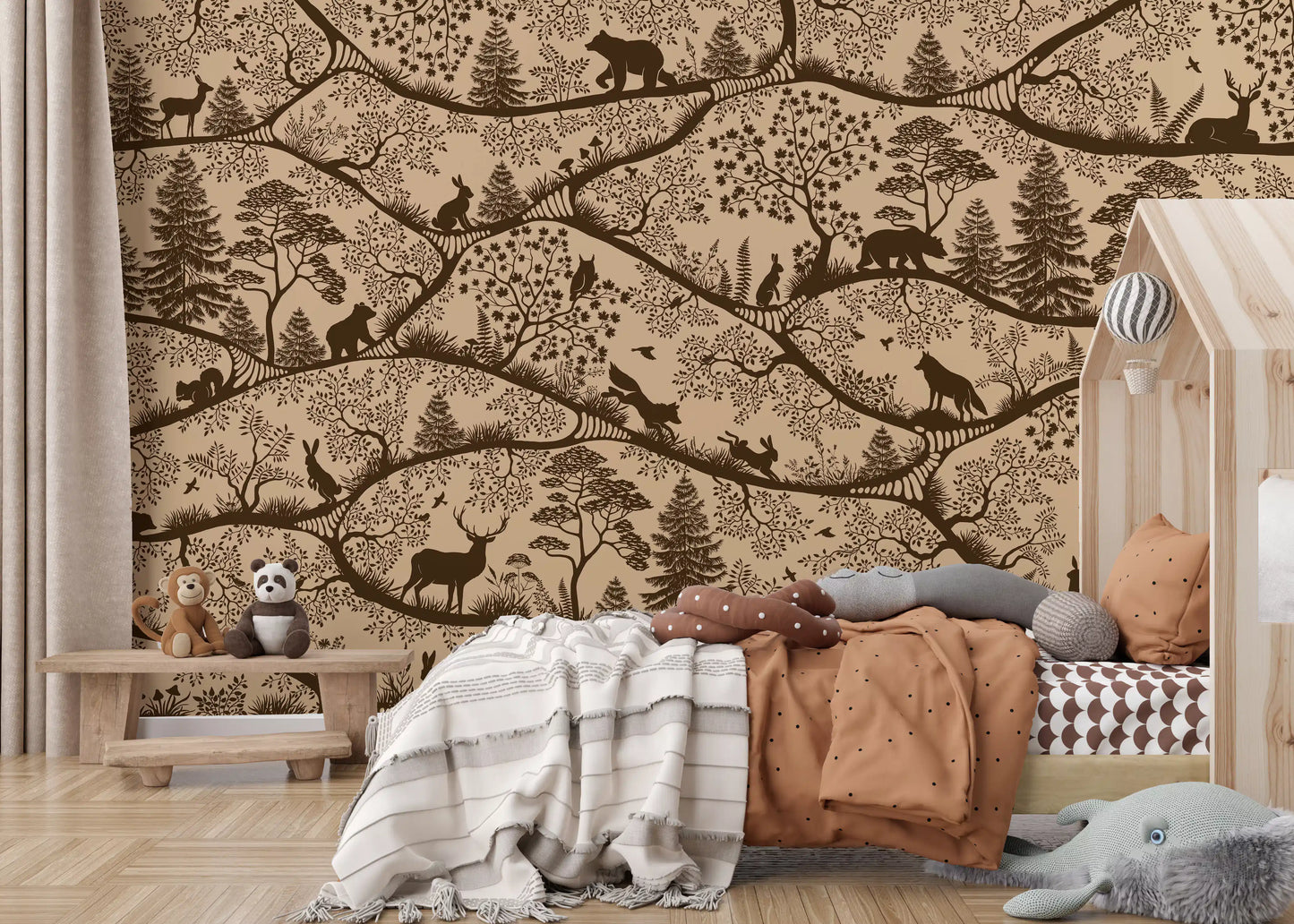 Nordic Nature wall mural woodland animals trees beige brown theme