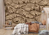 Nordic Nature wall mural woodland animals trees beige brown theme