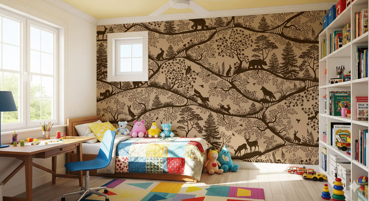 Beige brown forest pattern wall mural Scandinavian animal artwork