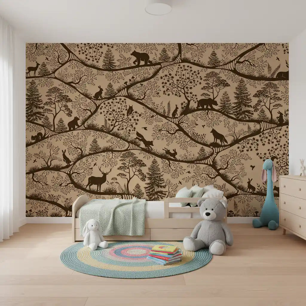Nordic Nature Beige Brown wall mural rabbits trees kids room setup