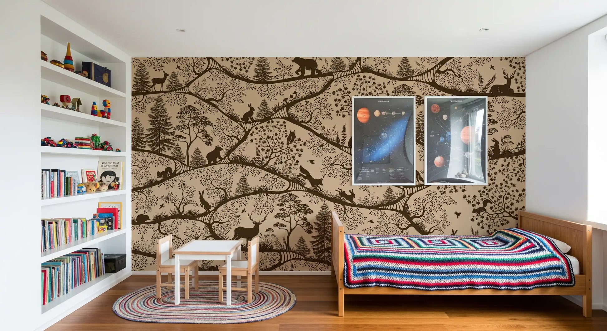 Nordic woodland wall mural beige brown wildlife forest illustration