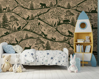 Nordic Nature Beige Green wall mural rabbits trees kids room design