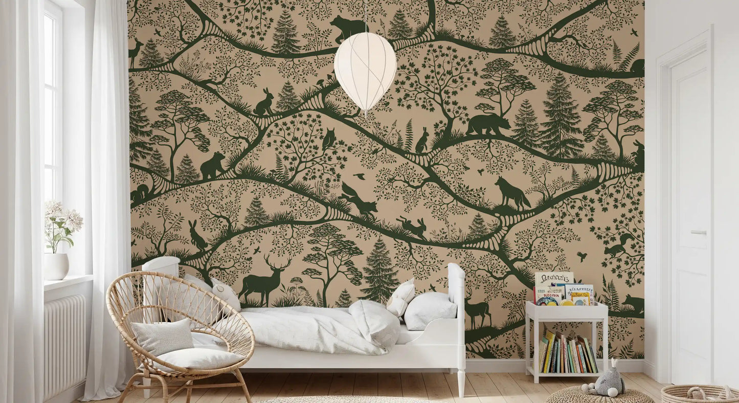 Nordic woodland wall mural beige green forest animal illustration