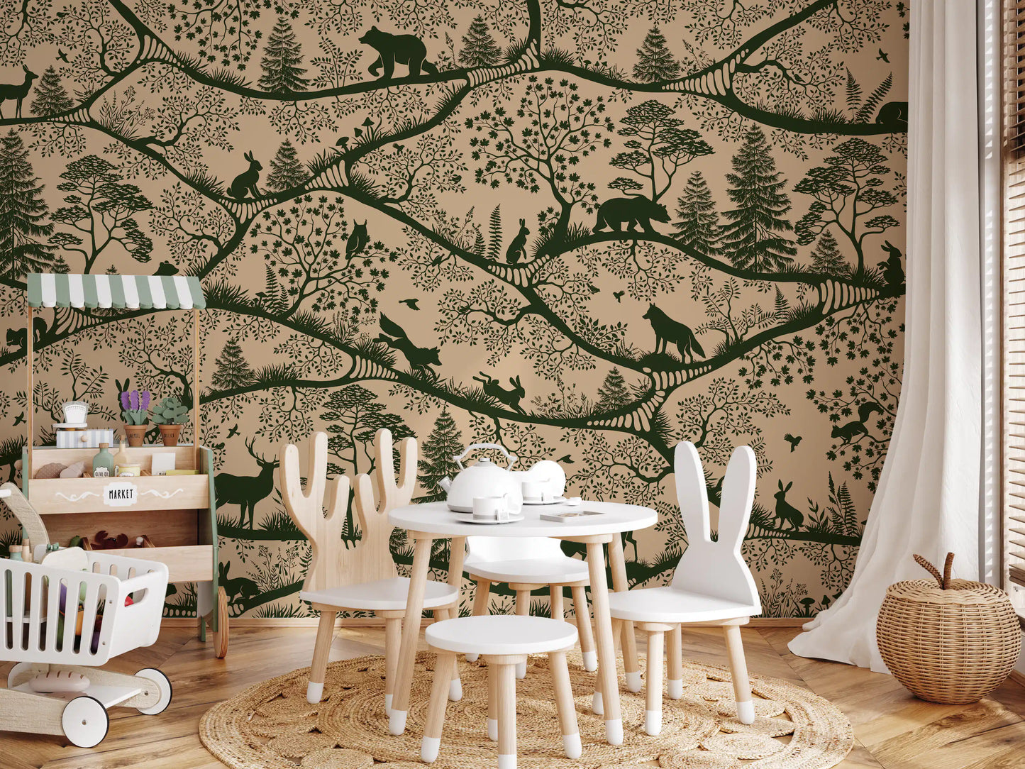 Scandinavian woodland wall mural beige green deer trees play room style