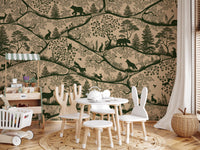 Scandinavian woodland wall mural beige green deer trees play room style