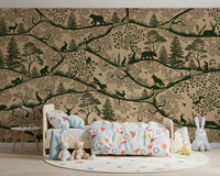 Scandinavian nature wall mural deer fox trees beige green tones