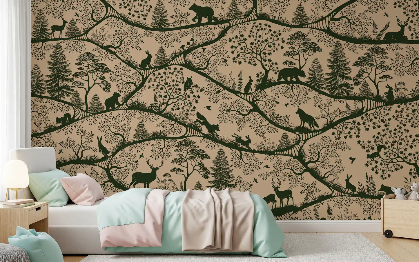 Minimal Scandinavian forest wall mural beige green wildlife design