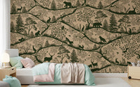 Minimal Scandinavian forest wall mural beige green wildlife design
