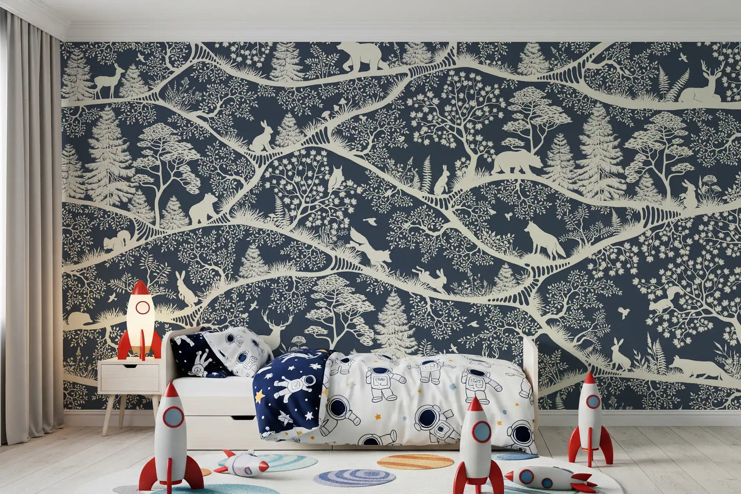 Nordic woodland wall mural deer fox trees blue white design