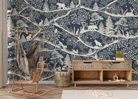 Nordic forest wildlife wall mural blue white hallway interior style