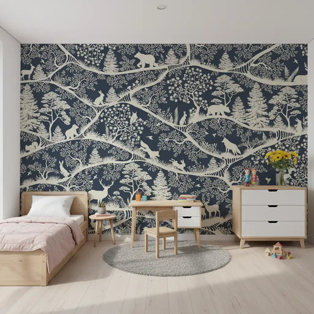 Nordic Nature wall mural woodland animals trees blue white theme