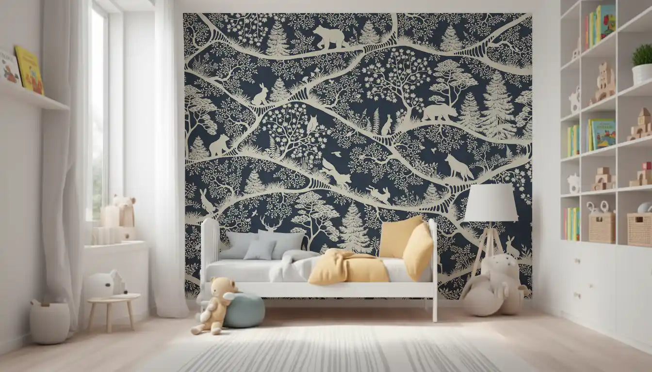 Nordic Nature Blue White wall mural forest animals kids room decor