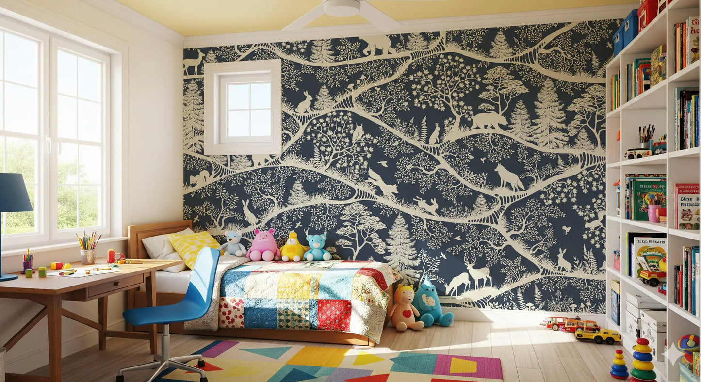 Blue white Nordic Nature wall mural rabbits trees study room setup