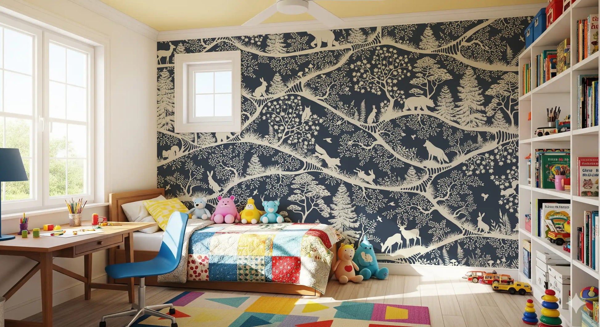 Blue white Nordic Nature wall mural rabbits trees study room setup