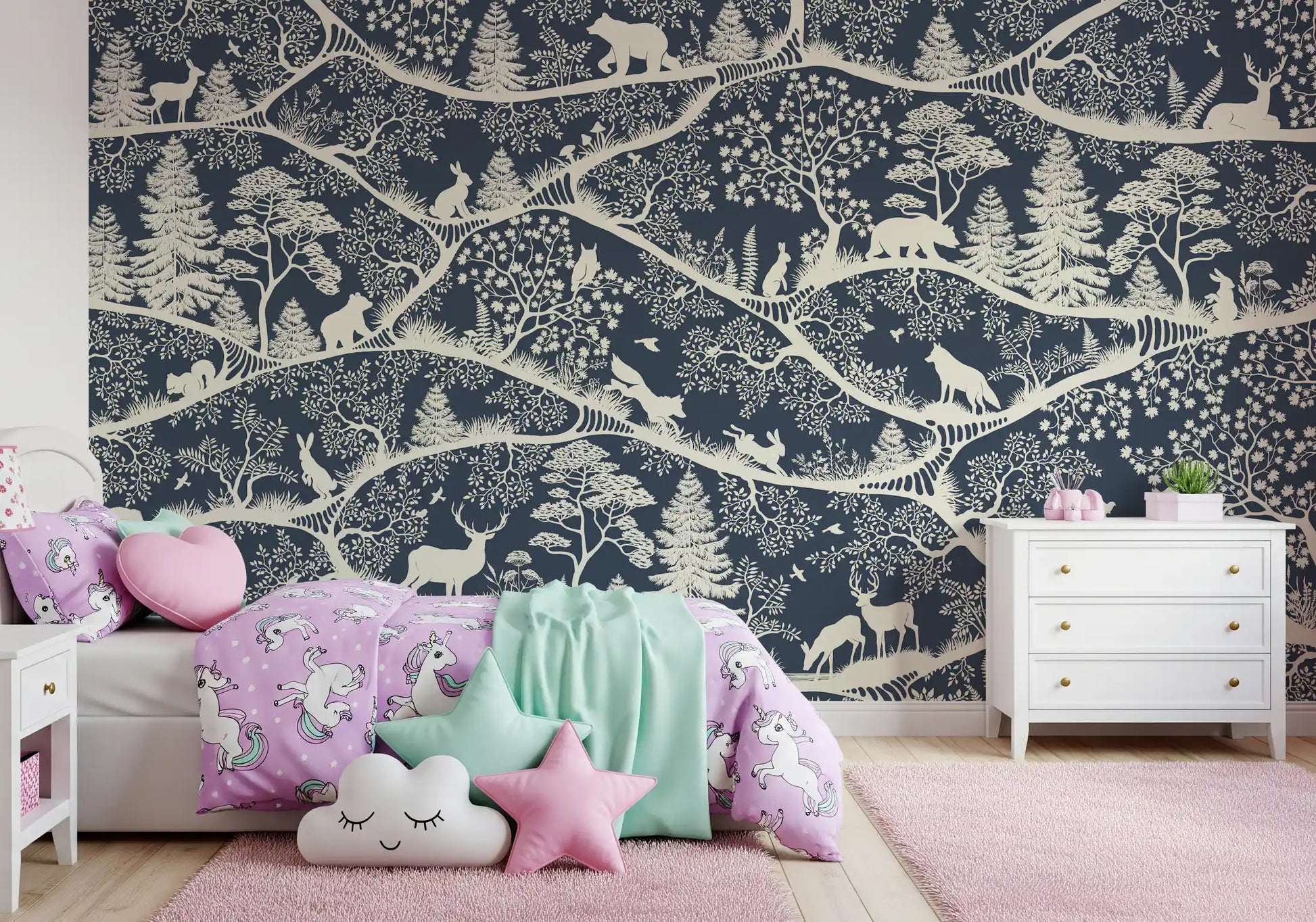 Scandinavian wildlife wall mural soft blue white forest design